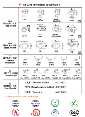 16A 250V KSD301 Thermal Switch High Precision Temperature Control PPS Case Top / Bottom Mount